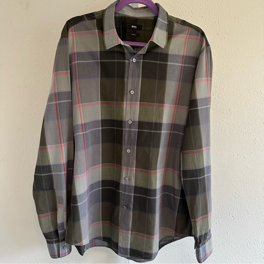 BOSS  Hugo Boss Men's Green Plaid Shirt slim fit size XL
